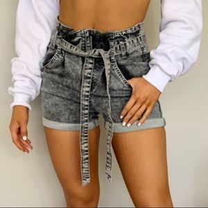 PLT Gray Acid Wash Tie High Waist Mom Shorts